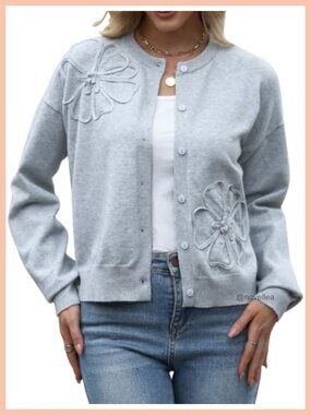 Wool Blend Cardigan Sweater 3D Floral Button Down Crew Neck